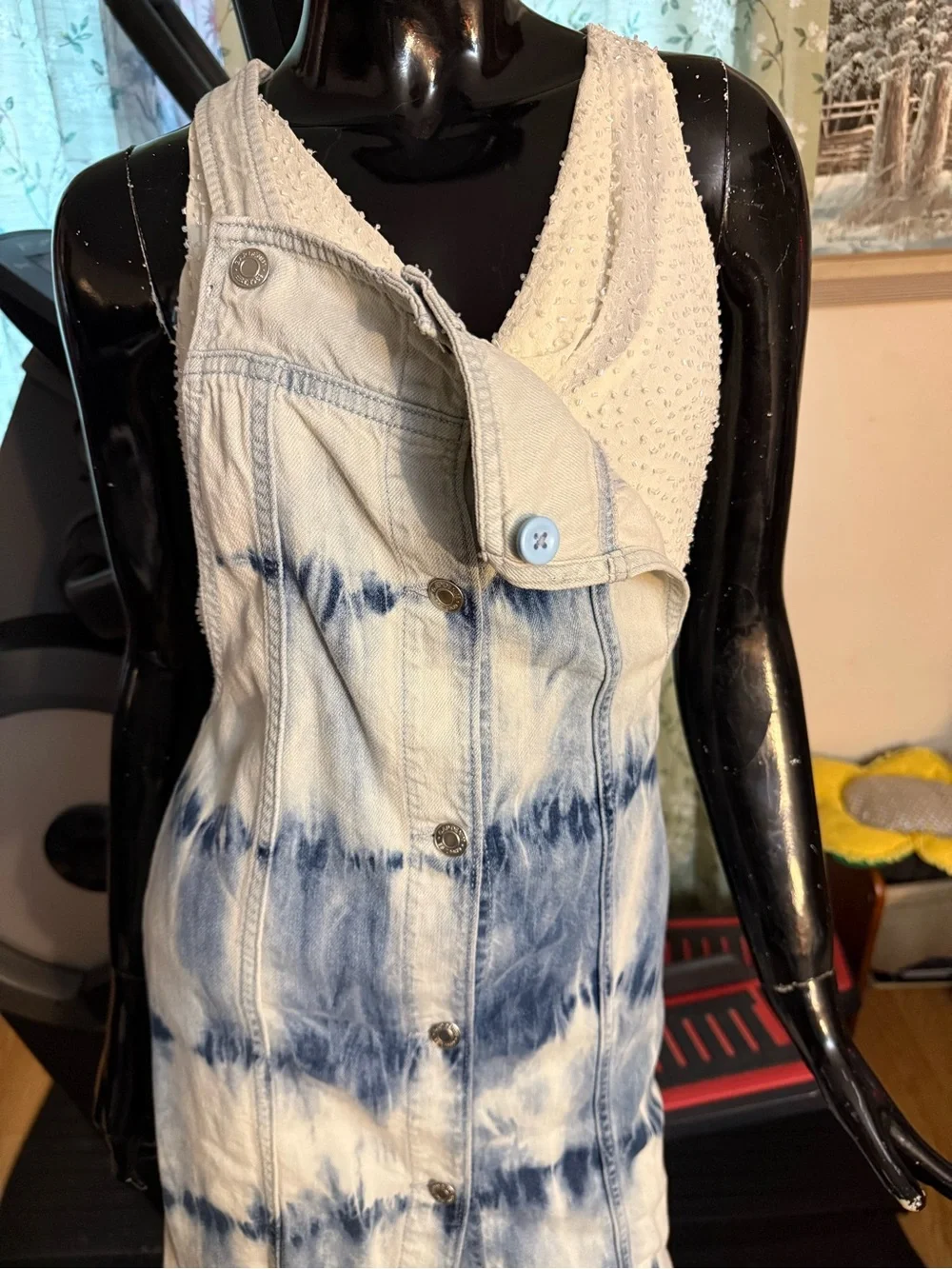 GAP Blue and White Tie-Dye Denim Overall Mini Dress